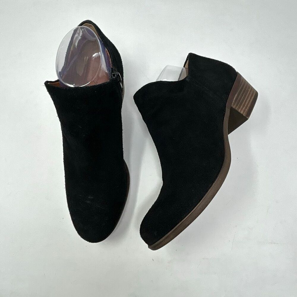 Lucky Brand Brett Black Suede Ankle Booties Women’s Sz 9 Side Zip Block Heel